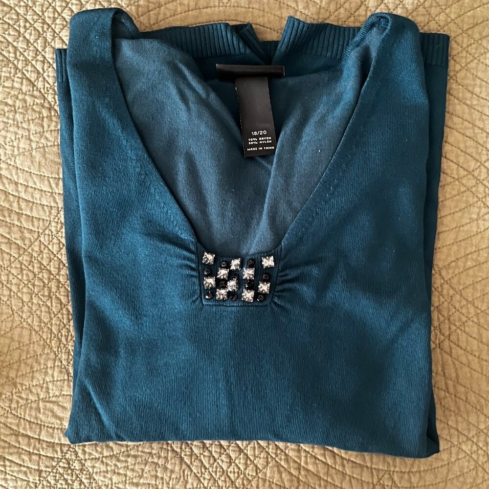 GENTLY USED} Lane Bryant Knit Embellished Sweater, Teal Green, Size 18/20